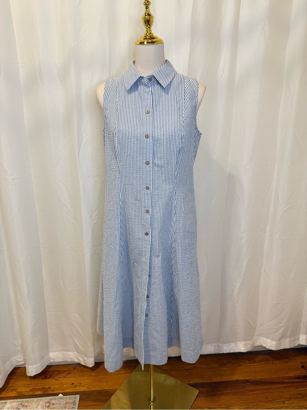 Anne Klein Blue and White Striped Sleeveless Button-Front Midi Dress